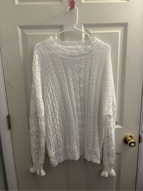 Women's White Open-Weave Knit Sweater XL